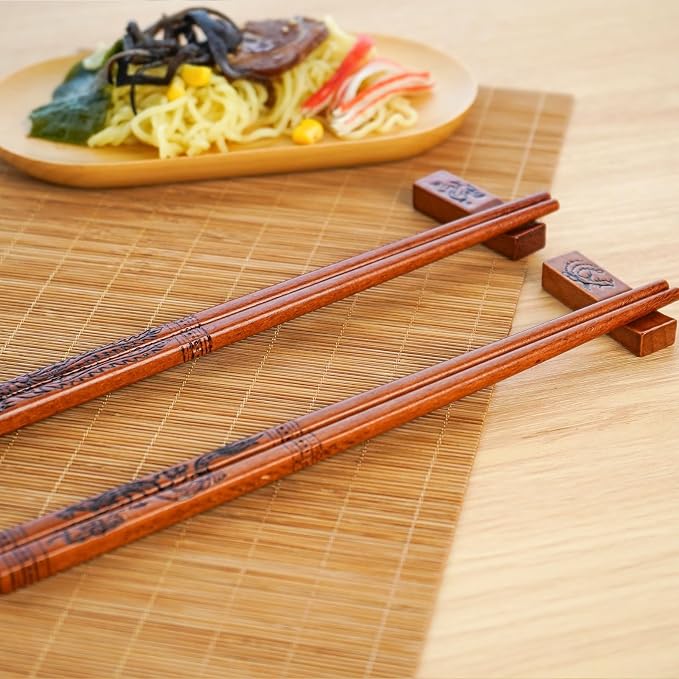 Dragon & Phoenix Wooden Chopsticks Set, Hand-Carved, 2 Pairs | Food-Safe, Non-Toxic, Reusable, Non-Slip Grip, 9 Inch, Elegant Gift Box, Sushi, Ramen, Hot Pot, Wedding, Housewarming