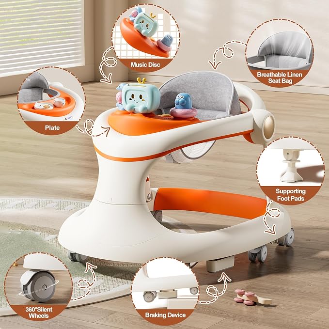 Foldable Baby Walker with Wheels, Activity Toddler Walkers for Boys Girls | 5-in-1 Design, Adjustable Height, Feeding & Music Tray, Contains batteries, Push Walker, Anti-Rollover, Detachable Seat