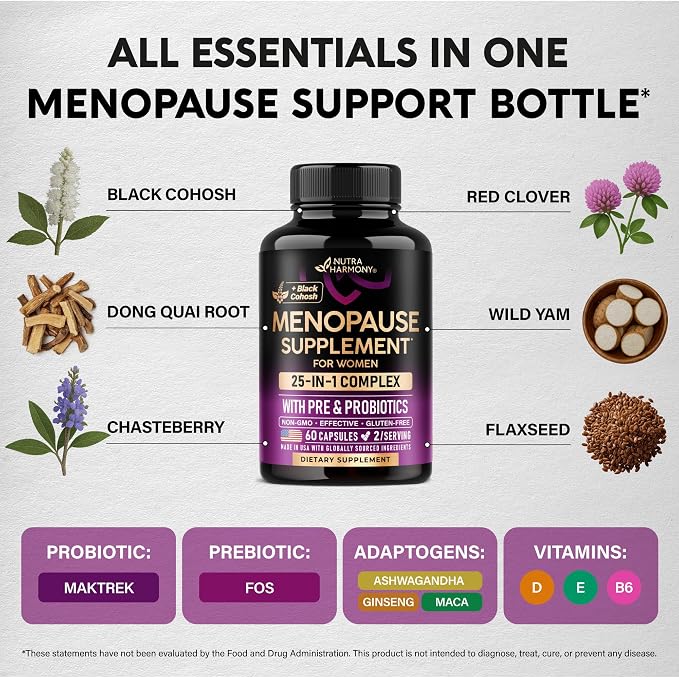 Menopause Supplements for Women - Dong Quai, Black Cohosh, Pre & Probiotics - Sweats & Hot Flashes Relief - Digestion, Sleep & Mood Support - 25-in-1 Perimenopause Complex - Lab Tested - 60 Capsules