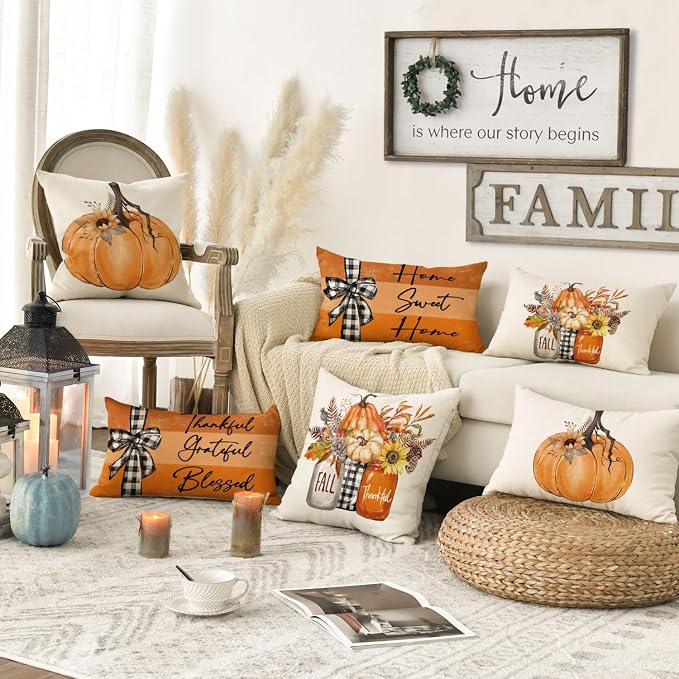 AVOIN colorlife Fall Pumpkin Home Sweet Home Throw Pillow Covers, 12 x 20 Inch Autumn Thankful Grateful Blessed Harvest Floral Orange Decorations for Sofa Couch Set of 4