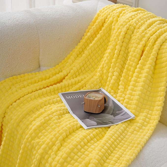 Puncuntex Fleece Throw Blanket Bright Yellow 50"×60"with Square Grid Design | Super Soft Plush Cozy Flannel Throw Blanket Luxury for Couch Sofa Chair