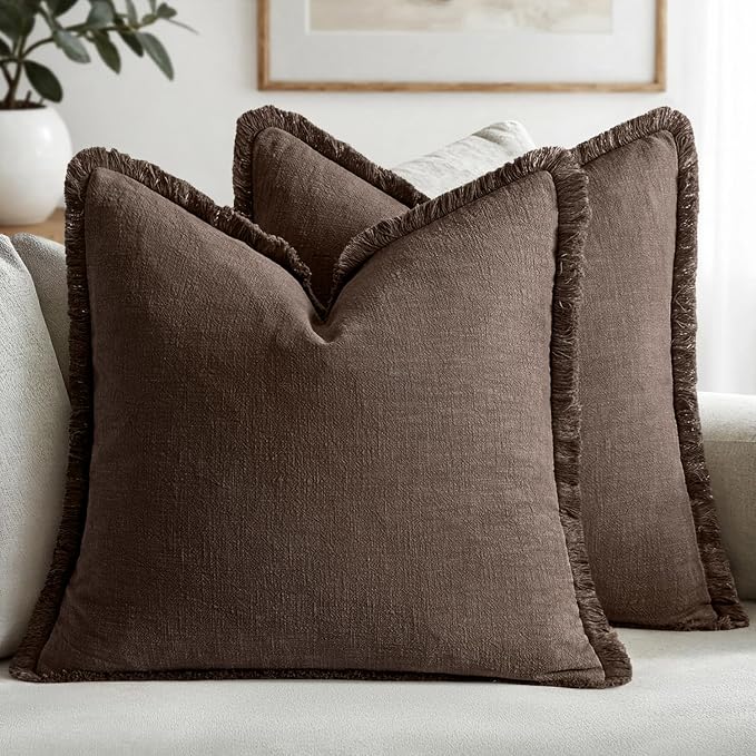 MIULEE Linen Fringe Decorative Fall Euro Pillow Covers Reddish Brown 22x22 | Set of 2, Cottagecore Decor, Boho Farmhouse Neutral Pillow Covers, Rustic Fall Couch Cushion Cases for Sofa Bed Living Room