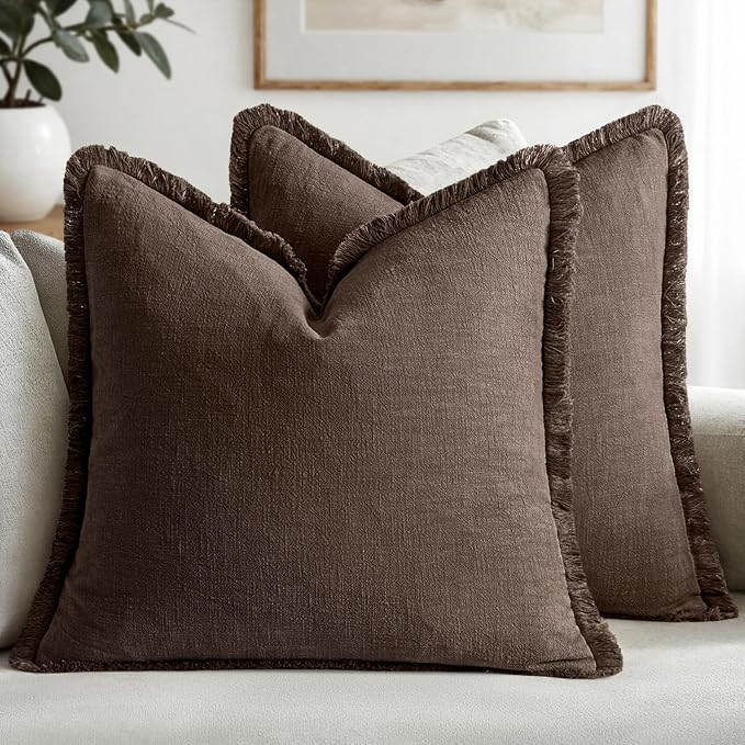 MIULEE Boho Linen Fringe Decorative Fall Pillow Covers Reddish Brown 20x20 | Set of 2, Cottagecore Decor, Boho Farmhouse Neutral Pillow Covers, Rustic Fall Couch Cushion Cases for Sofa Bed Living Room