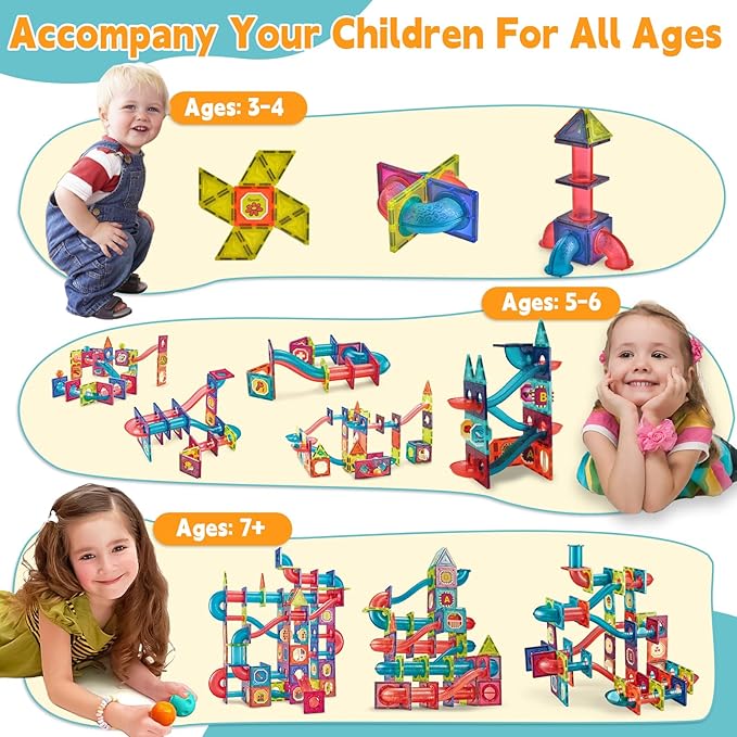 Magnetic Tiles, Funnydin 145PCS Magnetic Tiles Marble Run, Magnetic Building Blocks Set for Kids Ages 3+, Magnet Marble Race Track Toys, STEM Educational Toys Gifts for Boys Girls 5 6 7 8 9+ Years Old