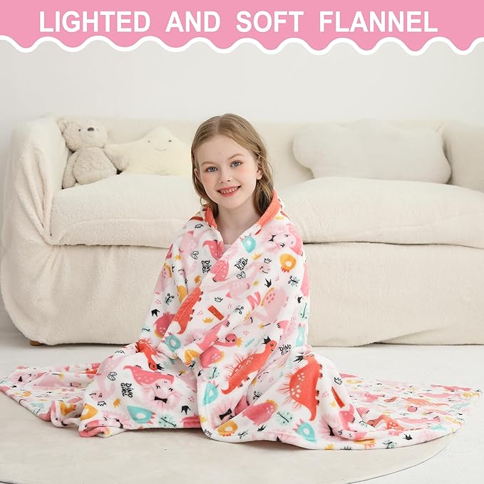Softan Kids Throw Blanket for Girls & Boys, Warm Soft Toddler Flannel Blankets for Sofa Couch Bed， Cozy Fuzzy Plush Flannel Kids Throw Blanket for Daycare & School - Pink Dinosaur 50x60 inches