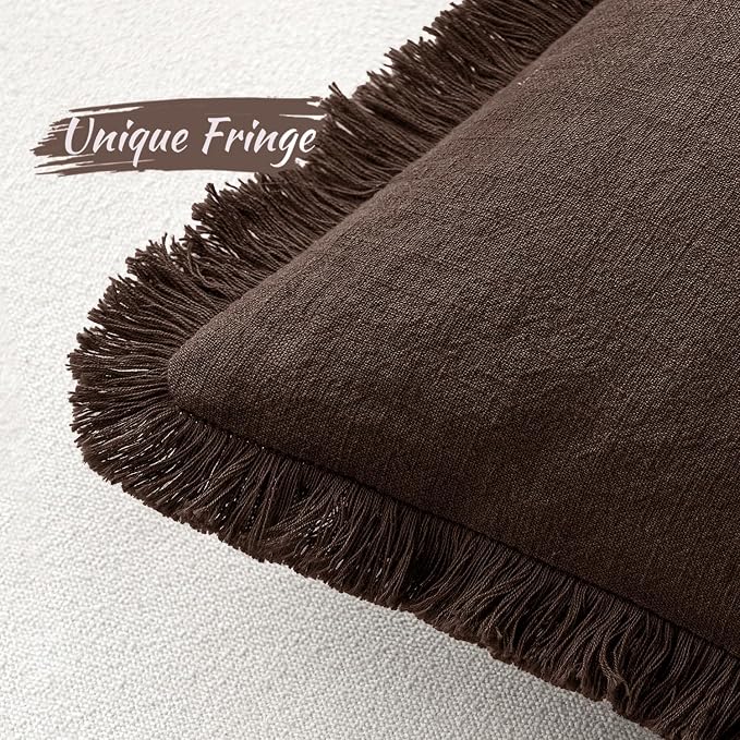 MIULEE Linen Decorative Fall Euro Throw Pillow Covers Dark Brown 26x26 | Set of 2, Cottagecore Decor, Boho Farmhouse Neutral Pillow Covers, Rustic Fall Fringe Couch Cushion for Sofa Bed Living Room