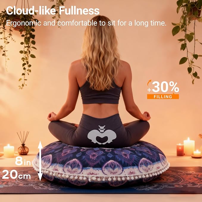 Meditation Cushion Set of 2, Round Floor Pillow Seating for Adults, Bohemian Mandala Yoga Cushion, 32" Extra Thick Memory Foam Removable Washable Cover, Ideal Gift Holiday Decor, Purple