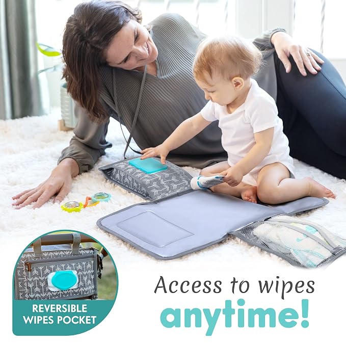 Kopi Baby Portable Diaper Changing Pad-Baby Diaper Changer Travel Bag with Wipes Pocket, Smart Design Portable Changing Mat, Infant Travel Station Kit,Gift for Newborn Girl & Boy-Grey Arrows, Modern