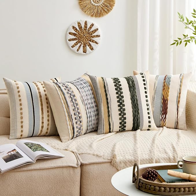 ANRODUO Boho Decorative Pillow Covers 18x18 Dark Green Stripe Pack of 1 | Throw Pillow Covers, Farmhouse Cushion Case, Chenille Pillow Cases, Pillow Covers, Accent Neutral Pillowcase for Sofa Couch