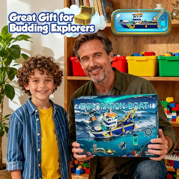 City Floatable Boat Building Set with LED Light, Fun Toy Gift for Kids Boys Girls 6 7 8 9 10+, Compatible with Lego Ocean Arctic Explorer Ship Building Block Kit, Christmas Decoration Party Favor