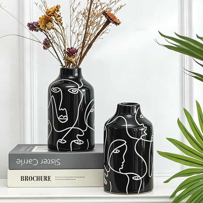Kimdio Ceramic Vase Set, 2pcs Black Abstract Irregular Design Flower Vases, Modern Home Decor Living Room Decor Minimalist Decorative Vase for Pampas Grass