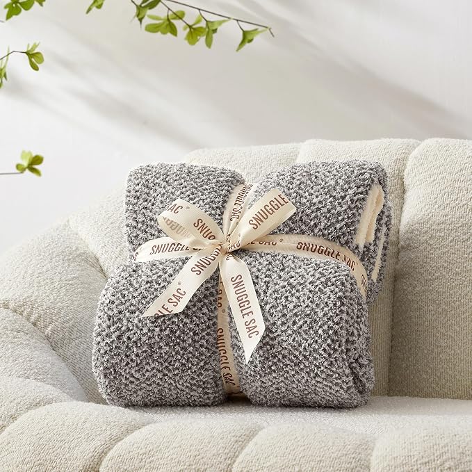 Snuggle Sac Grey Blankets Twin Size for Bed and Sofa, Reversible Super Soft Blankets Warm Cozy Knit Blankets Fuzzy Plush Blanket, Grey, 60x80 inches