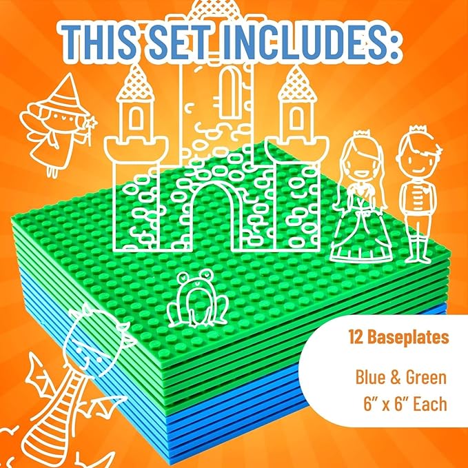 Strictly Briks Stackable Baseplates - Compatible with All Major Building Brick Brands - 6x6 in, 12-Pack, Blue & Green - Stackable Top & Bottom with Interlocking Studs