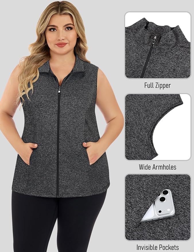 Misyula Style Plus Size Womens Golf Shirt Full-Zip with Pockets Tank Tops | Sleeveless, Quick Dry, Moisture-wicking, Lightweight Vests, Athletic, Tennis, Running, Workout, Casual, Travel, Work