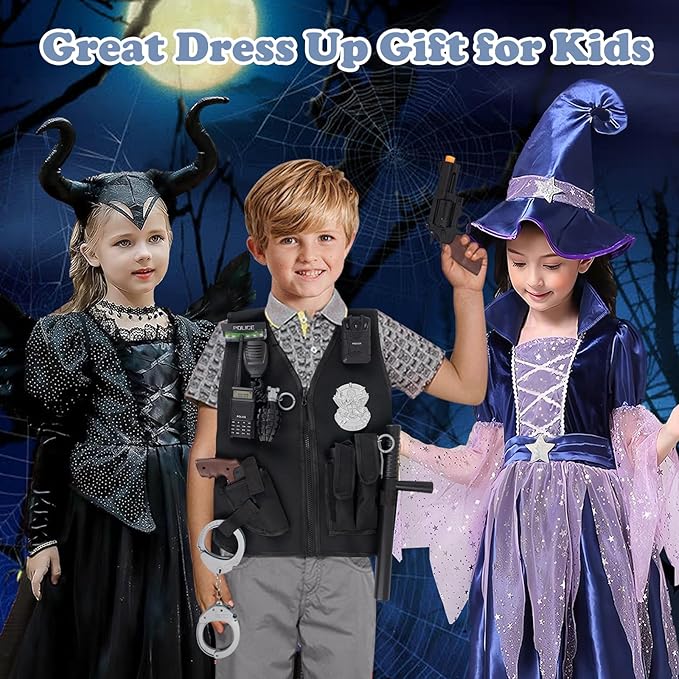 14Pcs Halloween Police Costume for Kids, Pretend Play Swat Vest with Toys Accessories, Role Play Cop Costumes Outfit Dress up Set for 4-6 6-8 Ages, Boys Halloween Costume