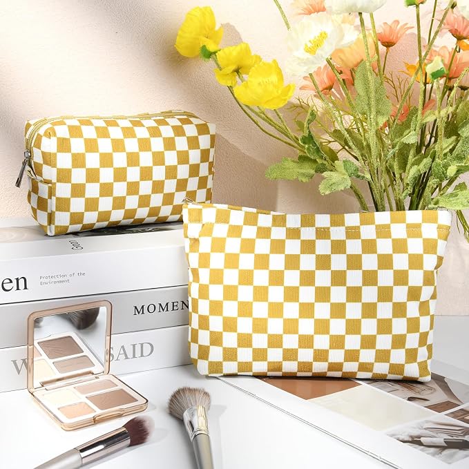 SOIDRAM 2 Pcs Checkered Makeup Bag Large Cosmetic Bag Toiletry Bag Makeup Pouch Travel Bag Organizer Cute Makeup Brushes Aesthetic Accessories Storage Bag for Women Golden Yellow