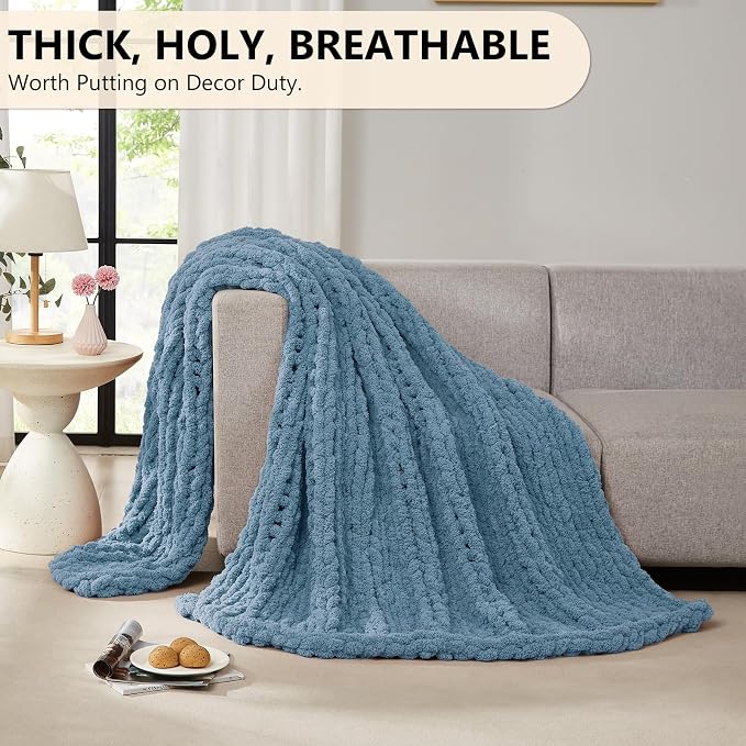 L'AGRATY Chunky Knit Throw Blanket for Couch, 50 x 60 Inches, Airy Blue | Handmade Chenille Crochet Blanket for Sofa Bed, Thick Cable Knitted Blankets for Room Home Decor, Birthday Gift for Women Mom