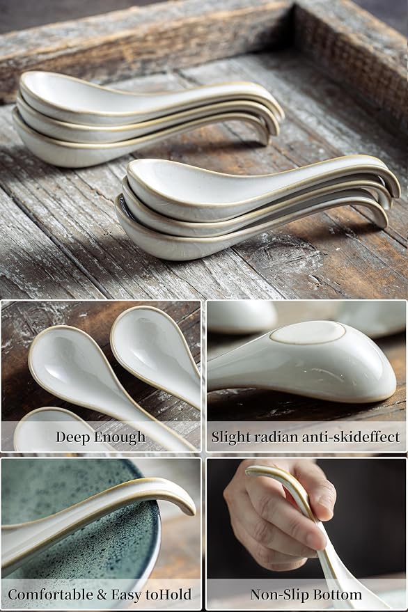 LYEOBOH Asian Soup Spoons, 6.5 inch Ceramic Soup Spoon Set of 6, Dinner Spoons with Deep Hook for Home, Kitchen, Dishwasher & Microwave Safe, Farmhouse Style, Beige