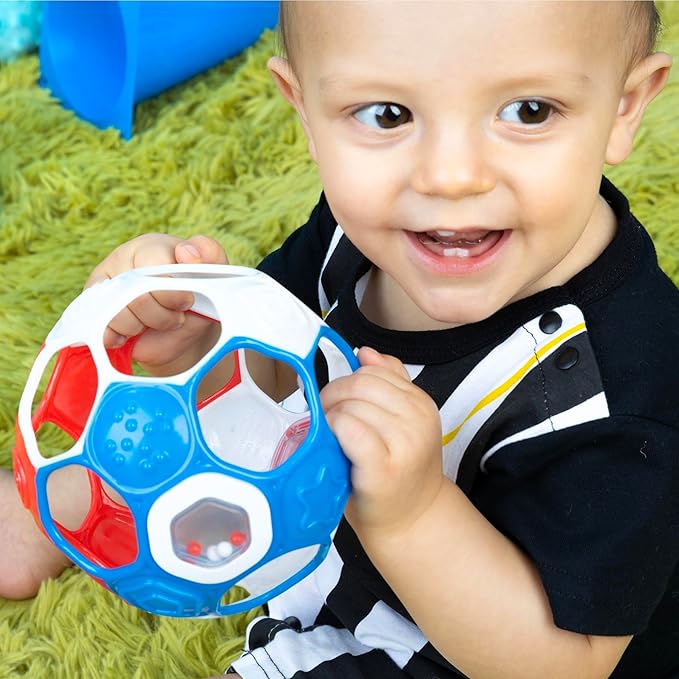 Bright Starts Oball Grippin' Goals Rattle Soccer Ball - Red, White & Blue, Easy-Grasp Toy for Newborn and Up