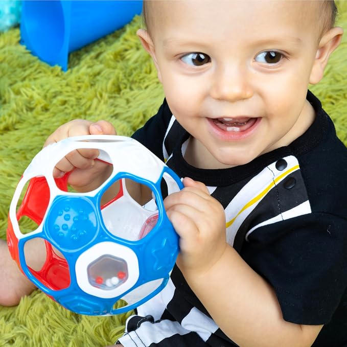 Bright Starts Oball Grippin' Goals Rattle Soccer Ball - Red, White & Blue, Easy-Grasp Toy for Newborn and Up (Pack of 2)