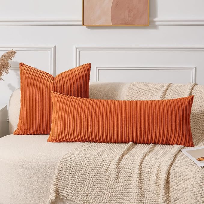 UGASA Fall 14x36 Inch Pillow Cover Pack of 1 Soft Boho Stripe Corduroy Large Long Rectangle Lumbar Cushion Case Farmhouse Decorative Throw Pilowcase for Bed, Couch, Sofa, Bedroom, Dark Orange