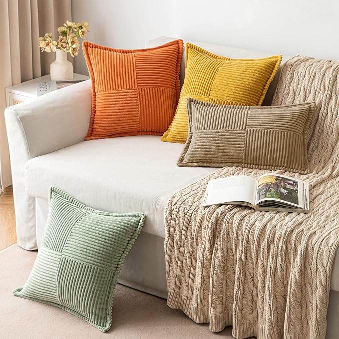 MIULEE Decorative Throw Pillow Covers for Couch 16x16 Inch Khaki 2 Pack | Boho Broadside Striped Patchwork Pillow Covers, Soft Corduroy Cushion Cases, For Sofa Bed Livingroom Home Decor