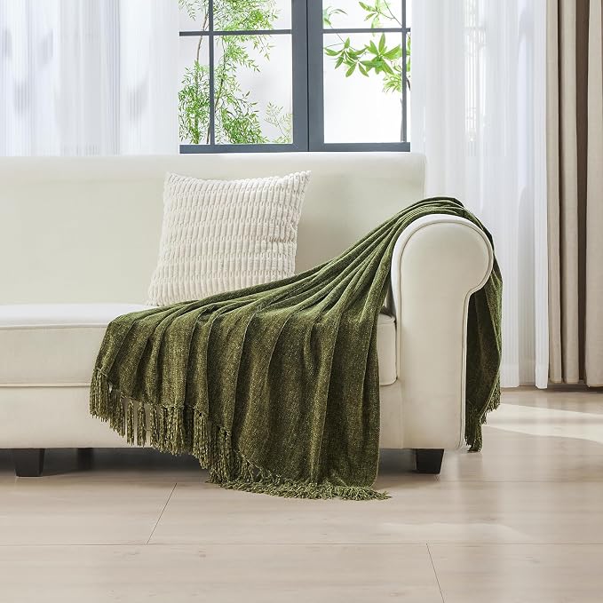 CozeCube Chenille Throw Blanket, Olive Green Fringe Blanket, 50"X60" | For Couch, Cozy Plush Fuzzy Decorative Blanket with Fringe Tassels, Lightweight Throws for Bed Sofa Gift Home Decor