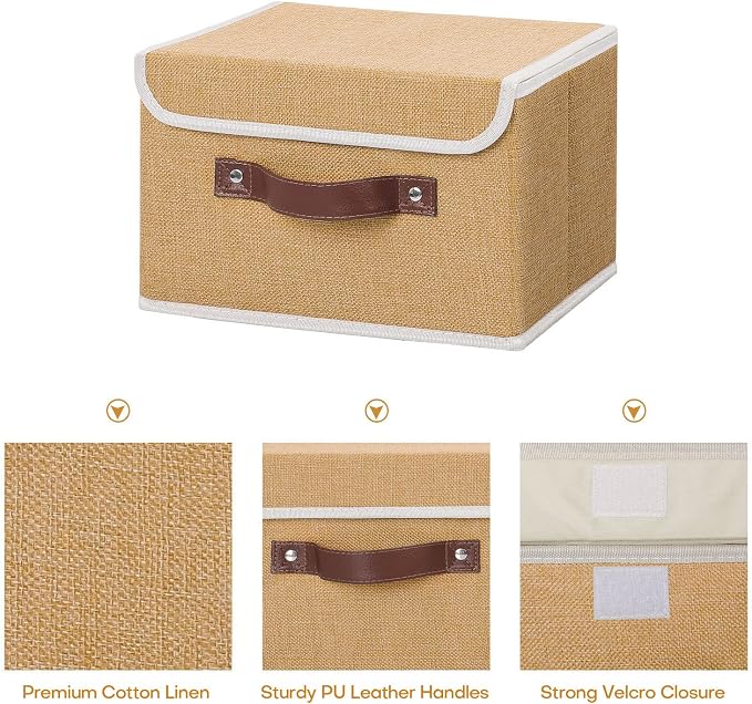 ANMINY Fabric Storage Box Bins with Lids, Khaki, 10"x8"x7", 4 Pack | Keepsake Memory Storage, Cotton Linen, PP Board Reinforced, Washable, PU Handles, Foldable & Stackable, Decorative, Small