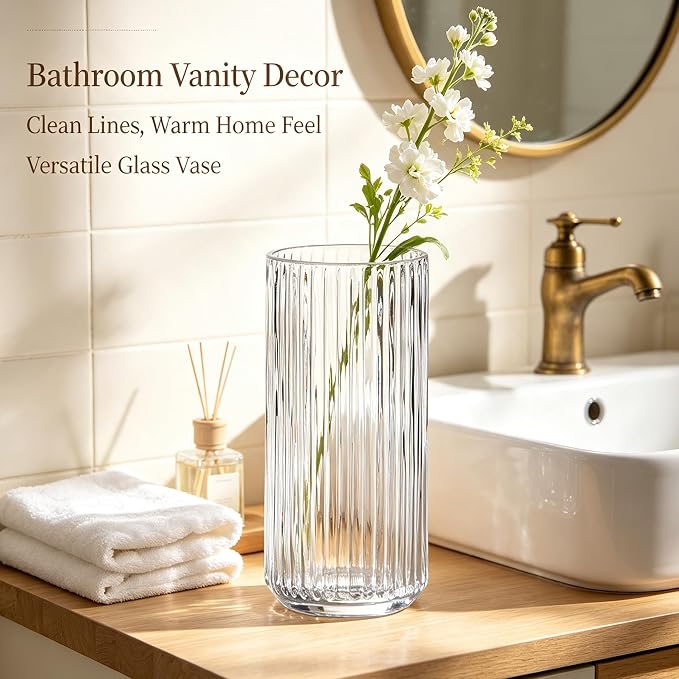 Clear Glass Flower Vase for Pampas Grass, 10 inch Medium Decorative Centerpiece Ribbed Vase for Dining Table, Office Desktop, Shelf Bookshelf, Mantel, Entryway, Bathroom, Countertop, Farmhouse, Gift