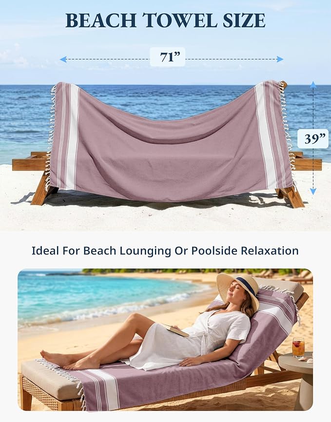LANE LINEN Turkish Beach Towels, 2 Pack Extra Large Beach Towel, Pre-Washed for Soft Feel, Oversized Sand Free Quick-Dry Pool Towel, Beach Towels for Adults, 39"x71" - Wistful Mauve