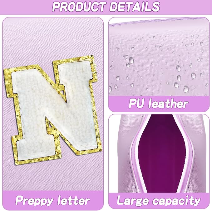 URSKYTOUS Gifts for Girls Initial Makeup Bag Personalized Cosmetic Bag with Zipper Cute Travel Toiletry Bag Waterproof PU Preppy Makeup Pouch Birthday Gift for Teen Girls Women(Purple N)