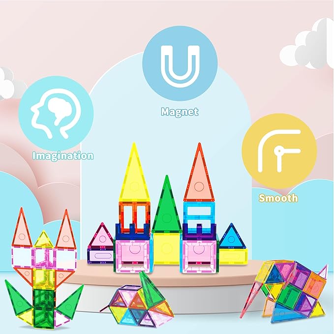101pc Magnet Tile Building Blocks with Car Base Drawstring Carry Bag Magnetic Construction Playset Early Childhood Play Fine Motor Sensory Skills STEAM Educational Learning Toy Age 3+ EP101
