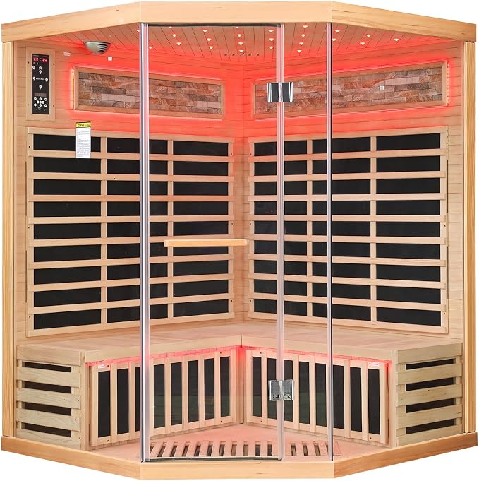 Infrared Sauna for Home 4 Person Indoor Sauna Hemlock Wood Corner Saunas 240V 2595W with Red Light, Oxygen Bar, Bluetooth Speakers