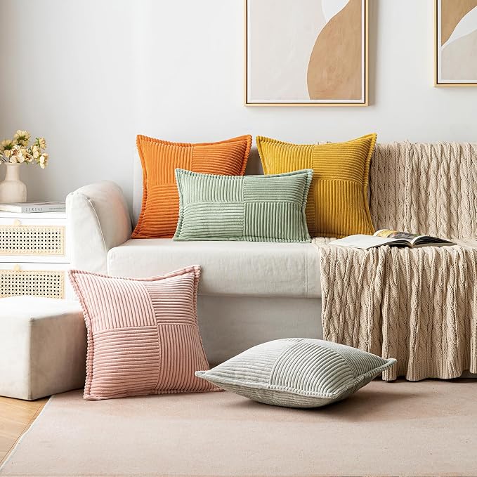 MIULEE Fall Burnt Decorative Lumbar Throw Pillow Covers 12x20 Inch | 2 Pack, Boho Broadside Striped Patchwork Pillow Covers, Soft Corduroy Cushion Cases, For Couch Sofa Bed Livingroom Home Decor