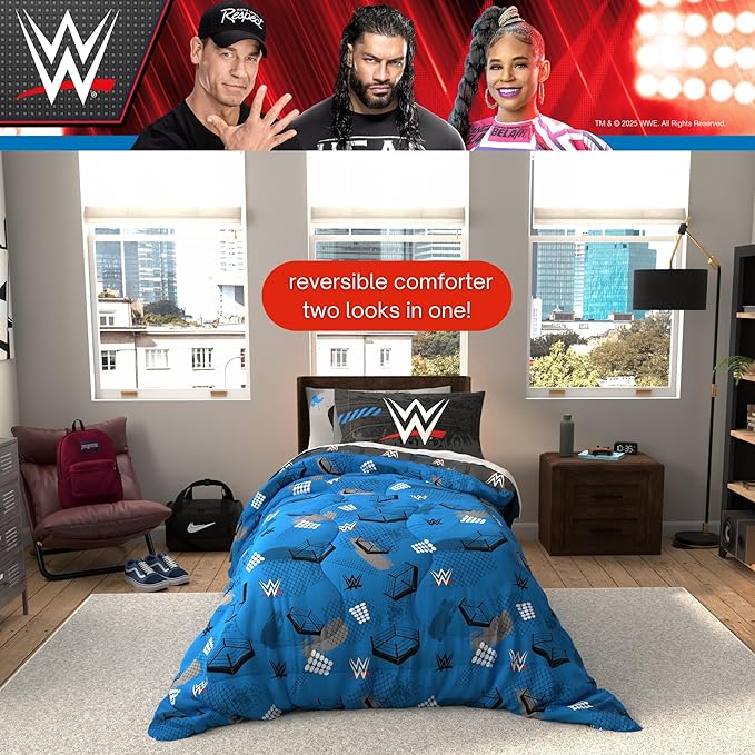 WWE Wrestling Bedding Set, Twin Size 5 Piece Set Super Soft Cozy Reversible Comforter and Sheet Set with Sham, (100% Officially Licensed Product) by Franco