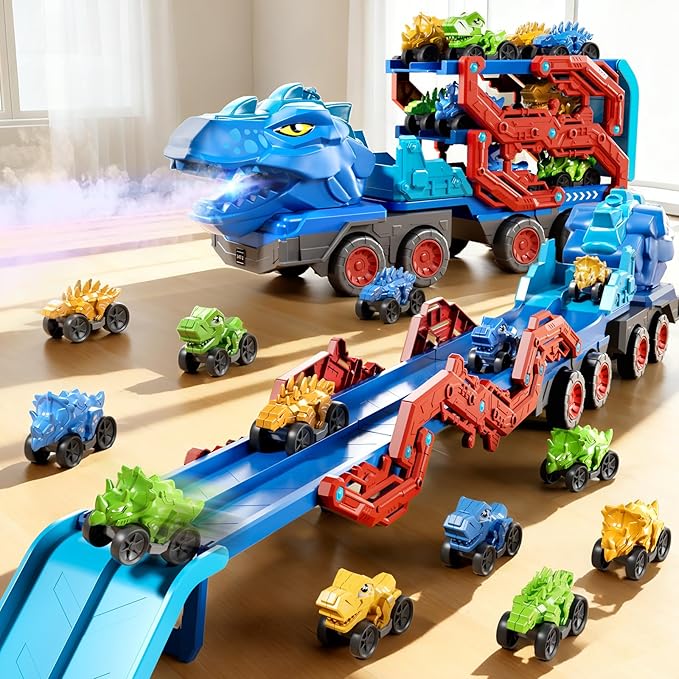 Toddler Car Truck Toys for Kids Ages 3-5, 10-in-1 Dinosaur Carrier Truck with Foldable Track Toys with Spray, Light & Sounds and 9 Dino Cars, Birthday Gift for 3 4 5 6 7 8 Years Old Boys Girls