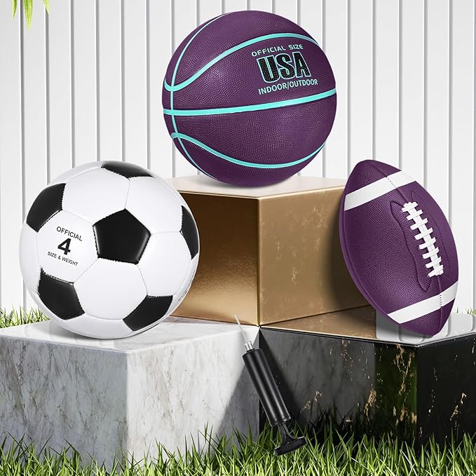 Libima 3 Pcs Sports Ball Set for Kids Teens Include Official Size 5 Basketball 4 Soccer 6 Football with Pump and Carry Bag Training Practice Sport Gift for Kids Teens Back to School