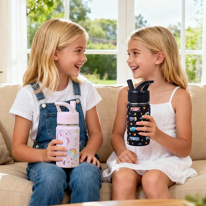 2 Pack Kids Water Bottle,14oz Stainless Steel Insulated Water Tumbler Leak-Proof,School Water Mug,Small and Portable,Suitable for Boys and Girls to Use(Black car + Pink unicorn)
