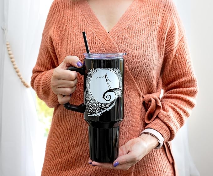 Silver Buffalo Disney Nightmare Before Christmas by Tim Burton Jack Skellington Hill & Moon Drawing Double Walled Stainless Steel Tumbler with Handle and Straw, Fits in Standard Cup Holder, 40 Ounces