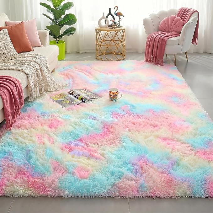 Amdrebio Rainbow Unicorn Large Fuzzy Rug 8x10 for Living Room Girls Bedroom | Fluffy Shag Soft Cute Pastel Kids Carpet, Classroom Playroom Nursery Decor, Cutecore Kidcore Aesthetic, Baby Toddler Corner