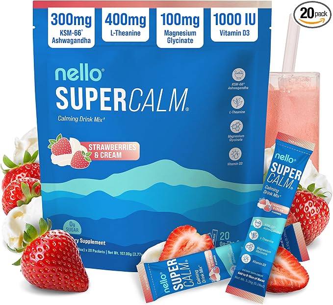 Nello Supercalm Powdered Drink Mix, Cortisol Reducer*, Sleep Aid Supplement, L Theanine, Ksm-66 Ashwagandha, Magnesium Glycinate, Vitamin D 3, No Sugar, Non GMO, 20 Ct, Strawberries & Cream