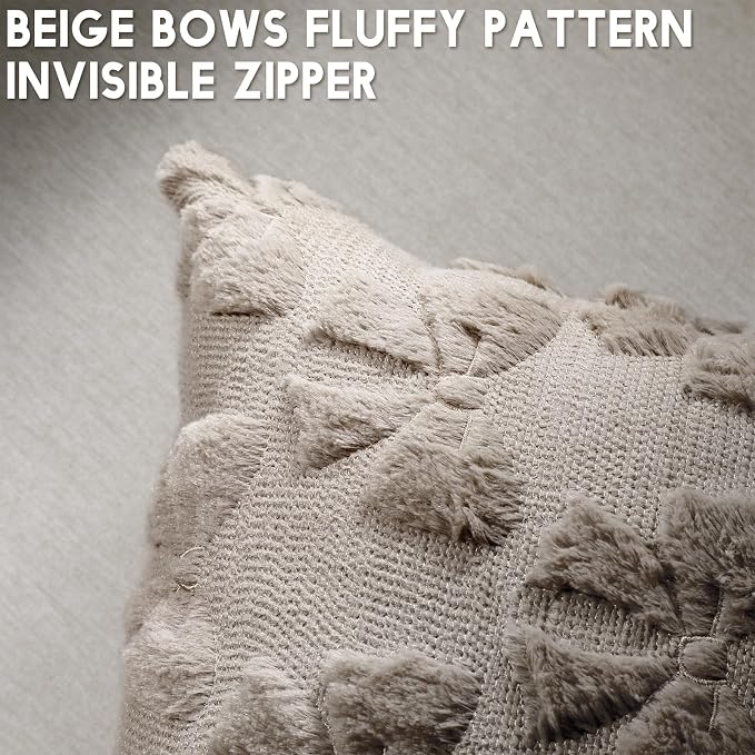 Mixweer Brown Bow Pillow Covers Set of 2 Preppy Room Decor Coquette Cute Spring Summer Decorative Faux Fur Soft Bowknot Stuff Fluffy Plush Aesthetic Pillowcase for Bed Sofa Couch (18 x 18 Inch)