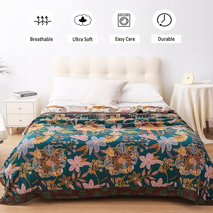 VANJOROY Queen Boho Throw Blanket for Bed, 100% Cotton Muslin Soft Throw-Floral Farmhouse Rustic Decor Blanket for Couch Sofa Quilt and Gift, 80" x 90"-BeigeWhite