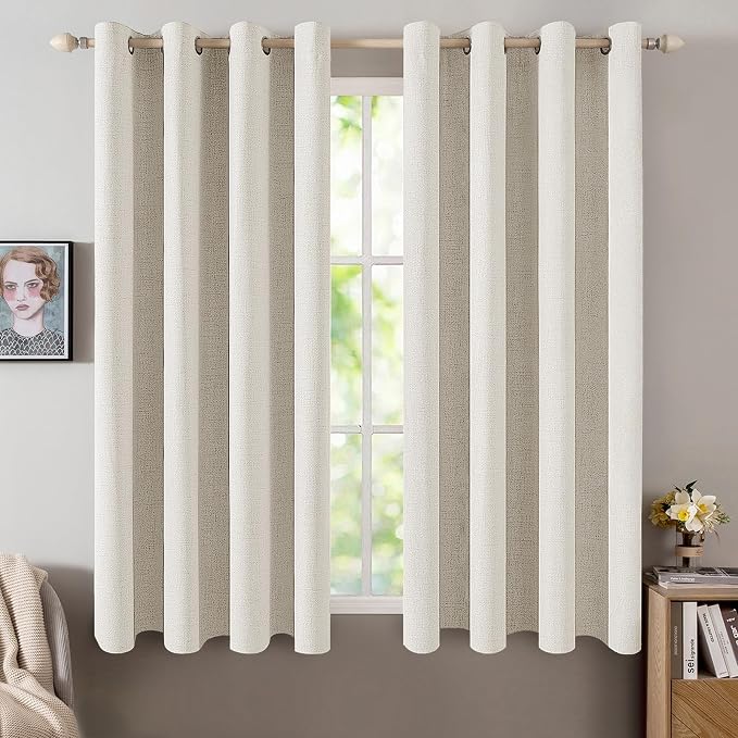 MIULEE Linen Texture Curtains for Bedroom Solid 100% Blackout Thermal Insulated Linen Beige Curtains Grommet Room Darkening Drapes for Living Room 52x45 Inch (2 Panels)