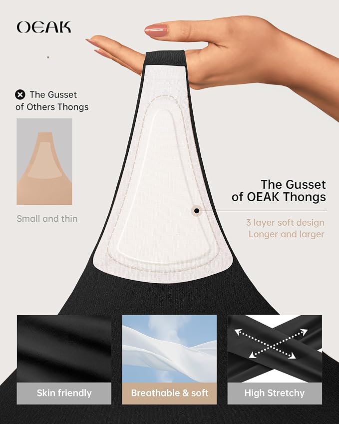OEAK Seamless Thongs for Women Invisible Thongs No Show Thong Panty Liners Tangas Comfortable Workout G-Strings Underwear Black L