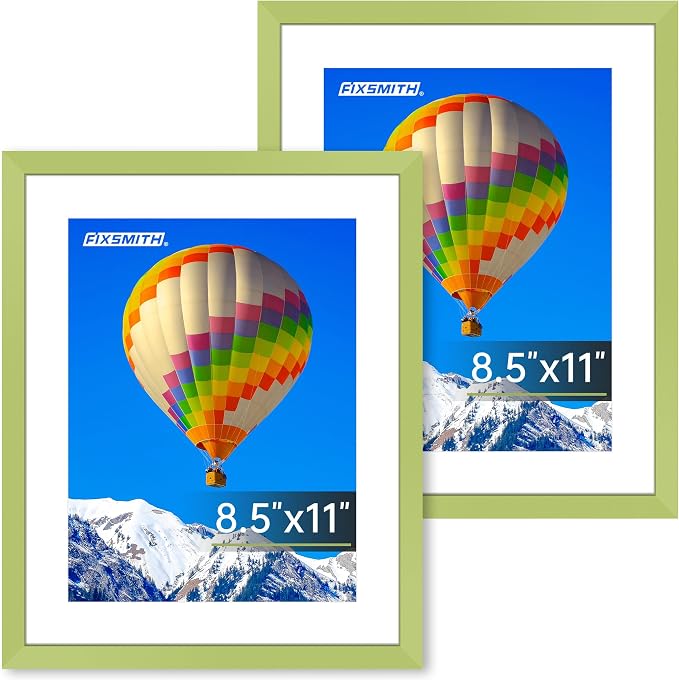 FIXSMITH 8.5x11 Picture Frame Set of 2, Green Photo Frame with HD Plexiglass, Display Pictures 6x8 with Mat or 8.5x11 Without Mat, Black Picture Frames Collage Wall Decor, Gallery Wall Frame