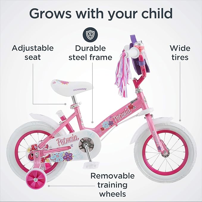 Schwinn Petunia and Grit Bike, 12 Inch Bike for Kids Ages 2-4, Orange, Teal, Pink or Blue, Steerable Beginner Bicycle with Training Wheels, Parent Push Handle, Rear Coaster Brake, Adjustable Seat