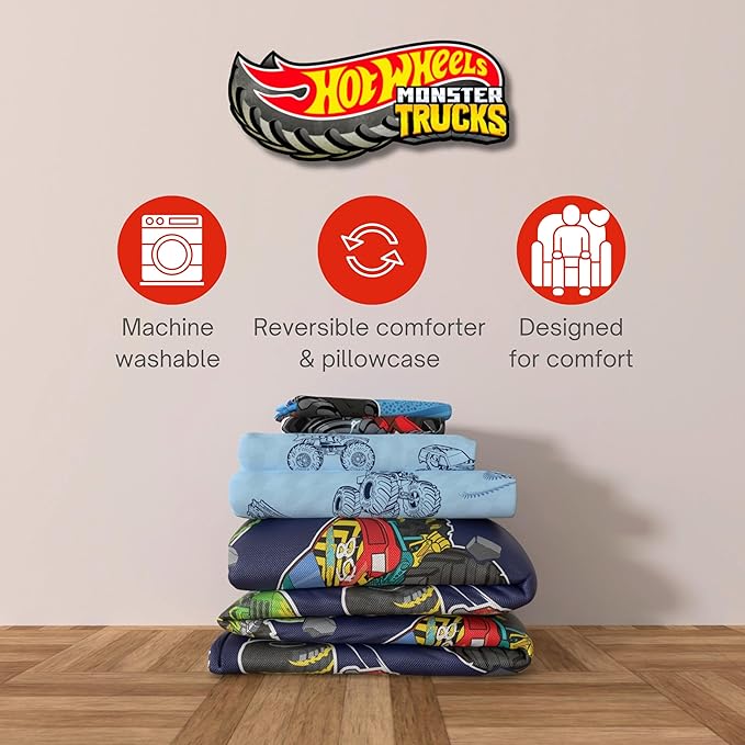 Monster Trucks x Hot Wheels Bedding Set, Full Size 7 Piece Set Kids Super Soft Cozy Reversible Comforter and Sheet Set with Sham, (100% Officially Licensed Product) by Franco