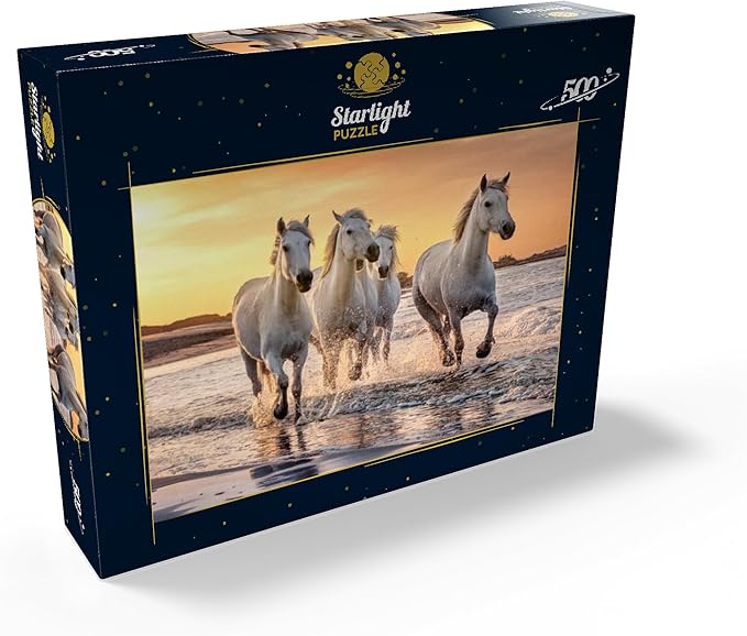 MyPuzzle White Camargue Horses Galloping On A Beach in France - Premium 500 Piece Jigsaw Puzzle for Adults