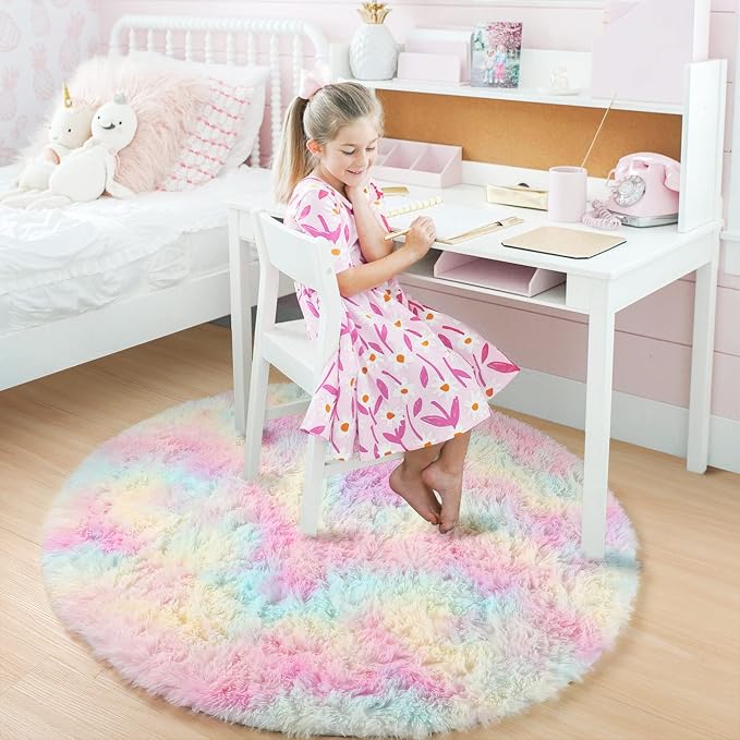 Amdrebio Rainbow Fluffy Round Rug 5Ft Kids Rugs for Girls Bedroom, Unicorn Room Decor, Colorful Pastel Shag Carpet for Playroom Baby Nursery, Cute Furry Kawaii Circle Area Rug for Toddler Princess